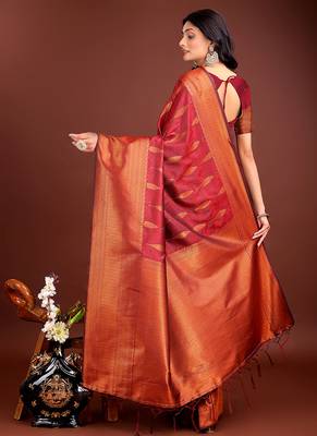 Maroon banarasi silk blend saree antique gold woven motifs 2