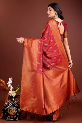 Maroon banarasi silk blend saree antique gold woven motifs