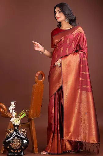 Maroon banarasi silk blend saree antique gold woven motifs