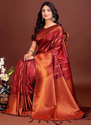 Maroon banarasi silk blend saree antique gold woven motifs 4