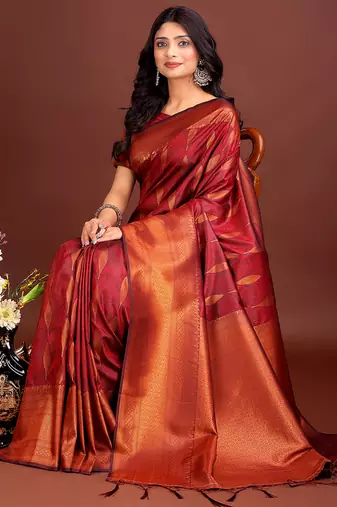 Maroon banarasi silk blend saree antique gold woven motifs