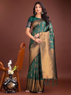 Dark green banarasi silk blend saree antique gold woven motifs 1