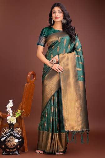 Dark green banarasi silk blend saree antique gold woven motifs