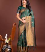 Dark green banarasi silk blend saree antique gold woven motifs