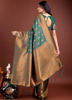 Dark green banarasi silk blend saree antique gold woven motifs 2