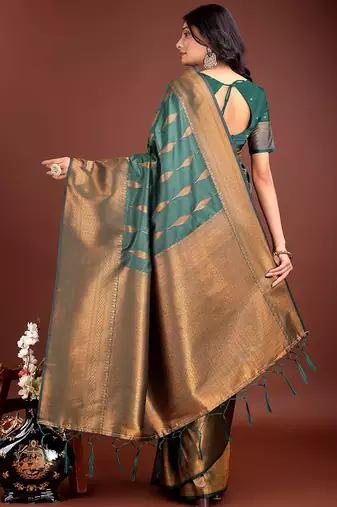 Dark green banarasi silk blend saree antique gold woven motifs