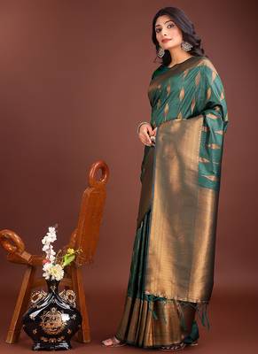 Dark green banarasi silk blend saree antique gold woven motifs 3