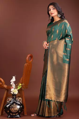 Dark green banarasi silk blend saree antique gold woven motifs