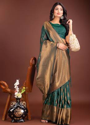 Dark green banarasi silk blend saree antique gold woven motifs 4