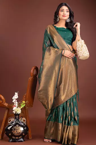 Dark green banarasi silk blend saree antique gold woven motifs
