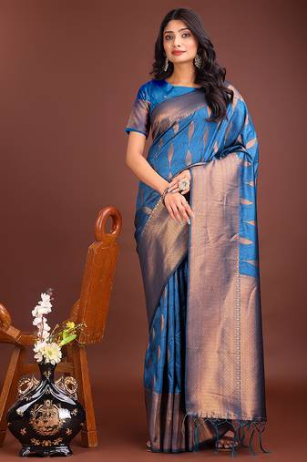 Royal blue banarasi silk blend saree antique gold woven motifs