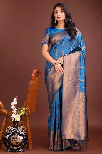 Royal blue banarasi silk blend saree antique gold woven motifs