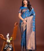 Royal blue banarasi silk blend saree antique gold woven motifs