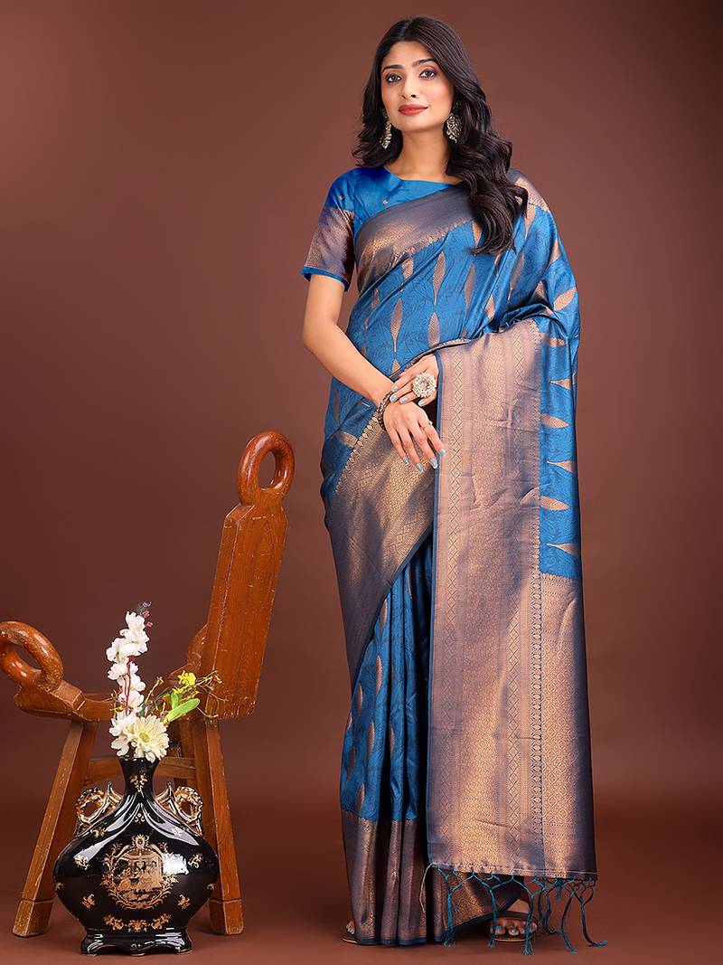 Royal blue banarasi silk blend saree antique gold woven motifs