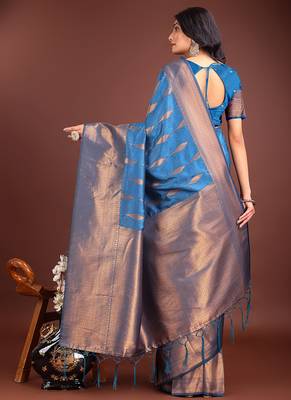 Royal blue banarasi silk blend saree antique gold woven motifs 2