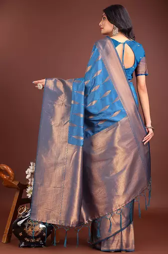 Royal blue banarasi silk blend saree antique gold woven motifs