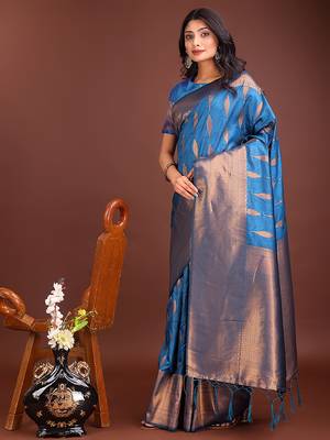 Royal blue banarasi silk blend saree antique gold woven motifs 3