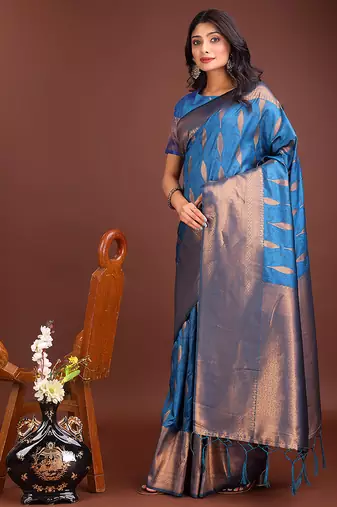 Royal blue banarasi silk blend saree antique gold woven motifs