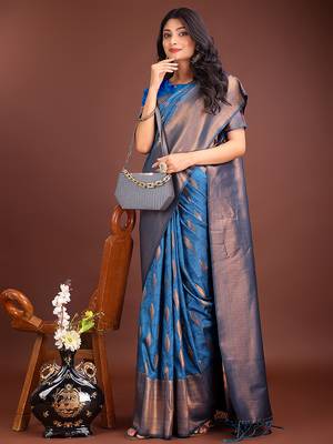 Royal blue banarasi silk blend saree antique gold woven motifs 4