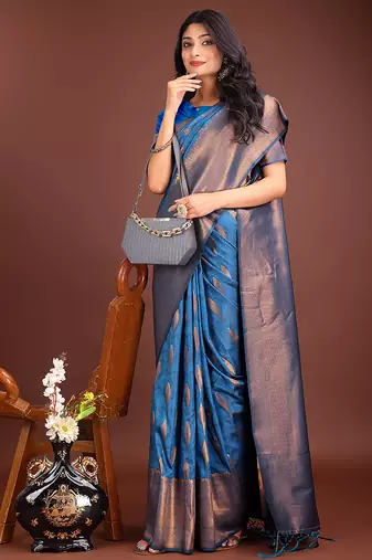 Royal blue banarasi silk blend saree antique gold woven motifs