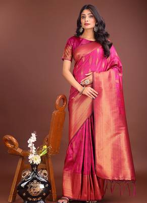 Rani pink banarasi silk blend saree antique gold woven motifs 1