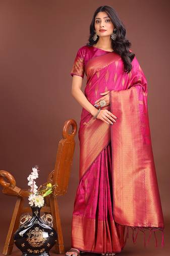 Rani pink banarasi silk blend saree antique gold woven motifs