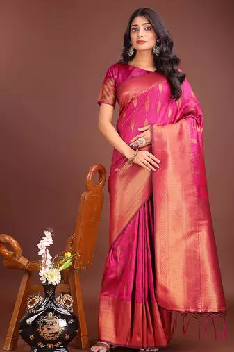 Rani pink banarasi silk blend saree antique gold woven motifs