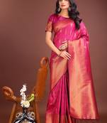 Rani pink banarasi silk blend saree antique gold woven motifs