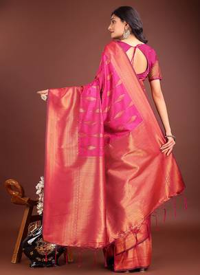 Rani pink banarasi silk blend saree antique gold woven motifs 2