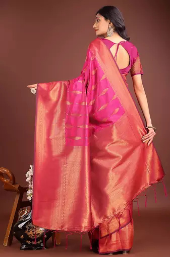 Rani pink banarasi silk blend saree antique gold woven motifs