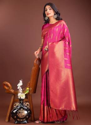 Rani pink banarasi silk blend saree antique gold woven motifs 3