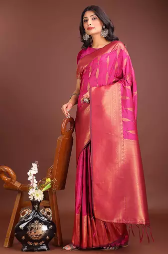 Rani pink banarasi silk blend saree antique gold woven motifs
