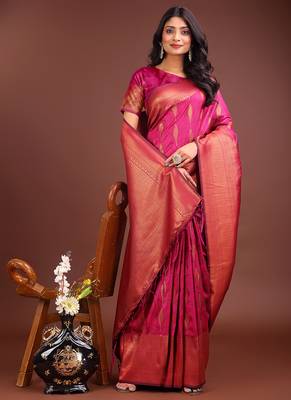 Rani pink banarasi silk blend saree antique gold woven motifs 4