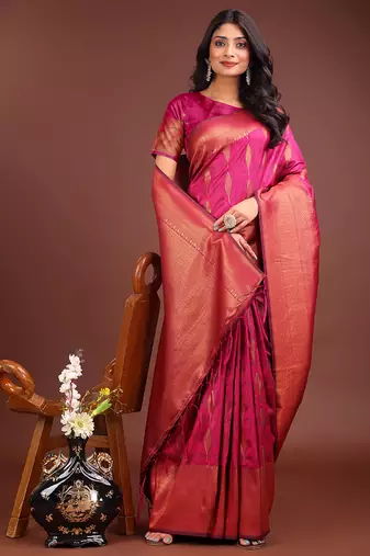 Rani pink banarasi silk blend saree antique gold woven motifs