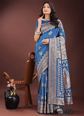 Royal blue silk blend saree with zari woven pallu 1
