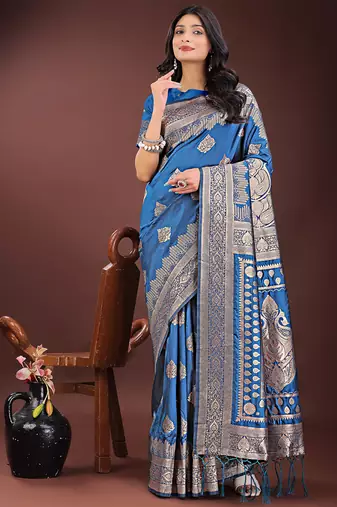 Royal blue silk blend saree with zari woven pallu