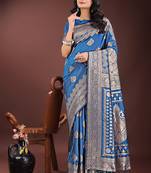 Royal blue silk blend saree with zari woven pallu