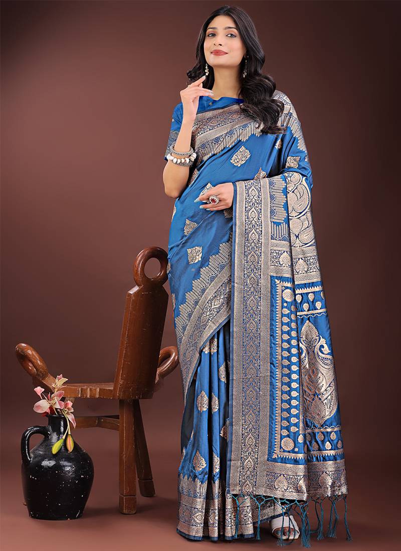 Royal blue silk blend saree with zari woven pallu