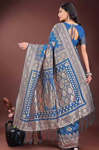 Royal blue silk blend saree with zari woven pallu
