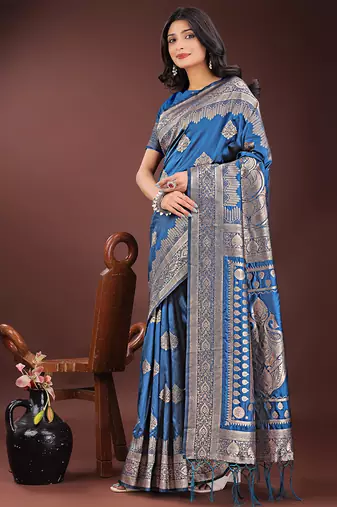 Royal blue silk blend saree with zari woven pallu