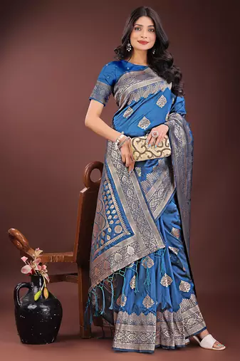 Royal blue silk blend saree with zari woven pallu