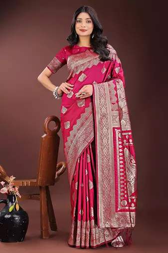 Magenta silk blend saree with zari woven pallu