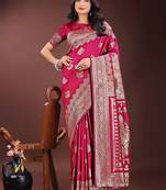 Magenta silk blend saree with zari woven pallu