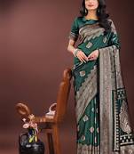 Dark green silk blend saree with zari woven pallu