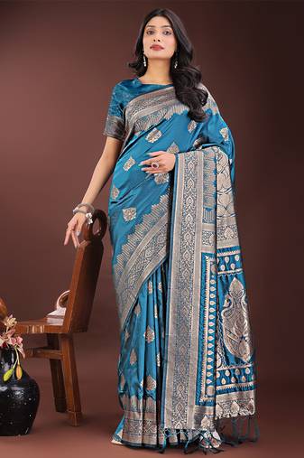 Teal blue silk blend saree with zari woven pallu