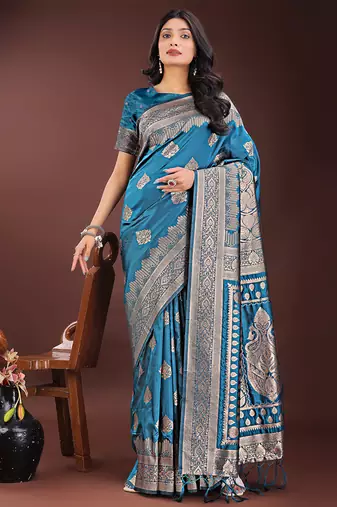 Teal blue silk blend saree with zari woven pallu