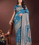 Teal blue silk blend saree with zari woven pallu