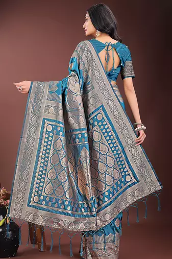 Teal blue silk blend saree with zari woven pallu