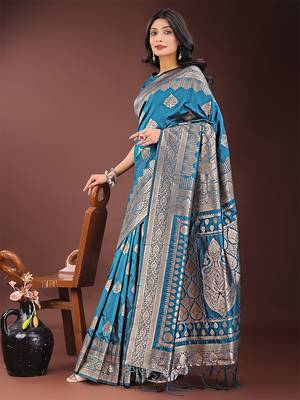 Teal blue silk blend saree with zari woven pallu 3