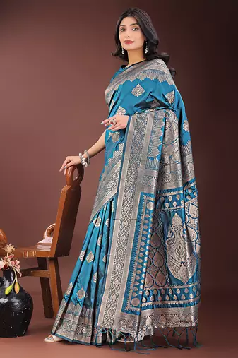 Teal blue silk blend saree with zari woven pallu